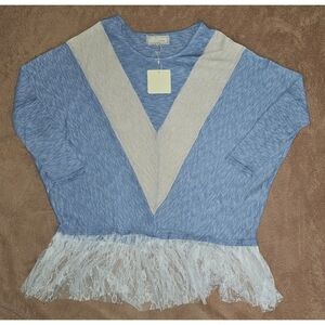 A'reve Womens Chevron V Long Sleeve T Shirt With Ruffle Lace Hem